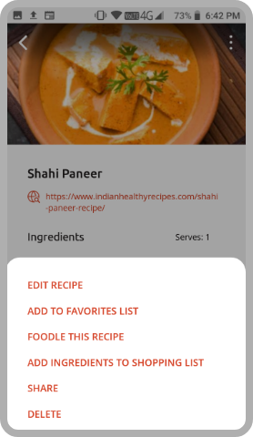 Click on three dots, save recipe, share recipe, edit recipe, download recipe