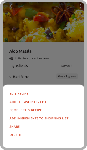 Click on Three dots for more option, edit recipe, add to favourite list, foodle this recipe, share recipe