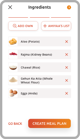 Selected Ingredients List, Quick Ingredients options, Veg/ Non-veg ingredients