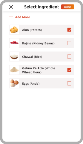 Make Menu: Select Ingredients, Shortlist Ingredients, Selected meal, Meal Planning from ingredients