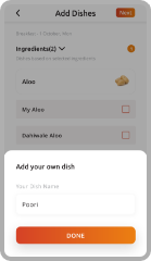 Add your own Meal Dishes, Recipes, Dish Components, Make Menu for Breakfast, Lunch and Dinner