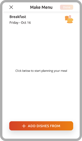Make Menu: Add dishes from, Selected ingredients, handy list, web, foodles, own dishes, recipes