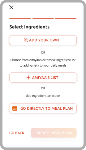 Explore category, Sub- category, Select Ingredients, Amiyaa’s Ingredients Lists