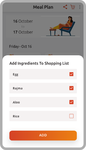 Add meal plan Ingredients to Shopping List, Grocery List, Ingredients selection