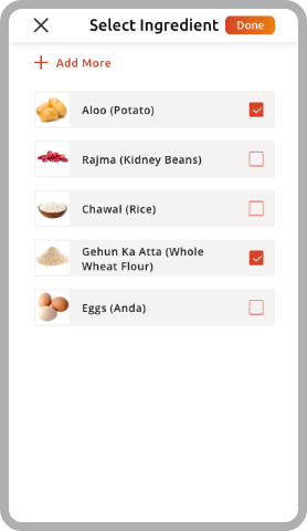 Make Menu: Select Ingredients, Choose ingredients, make meal dishes