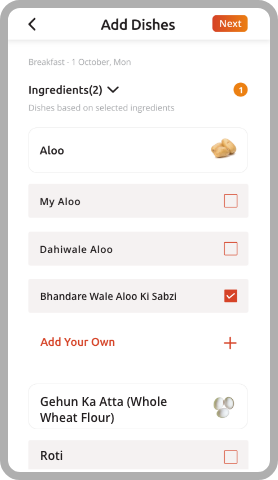 Add dishes from Amiyaa Suggestion List, Weekly Meal Plan, Daily Meal Plan