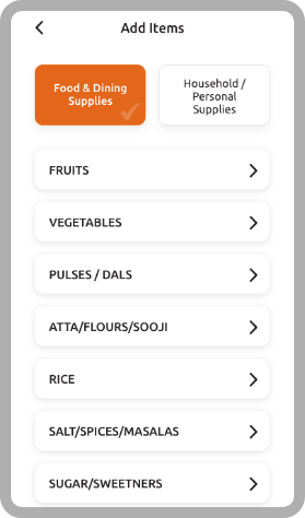 Shopping list: Custom list sub category, Ingredients selected, household ingredients, kitchen ingredients, recipe ingredients