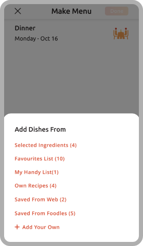 Add dishes from favourite list options, select ingredients, own recipes, my handy list, kitchen of India